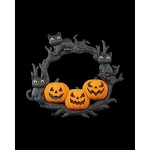 Black Cat & Pumpkin Halloween Wreath – Décor, 7.9″ Wide Spooky Cuteness Fall